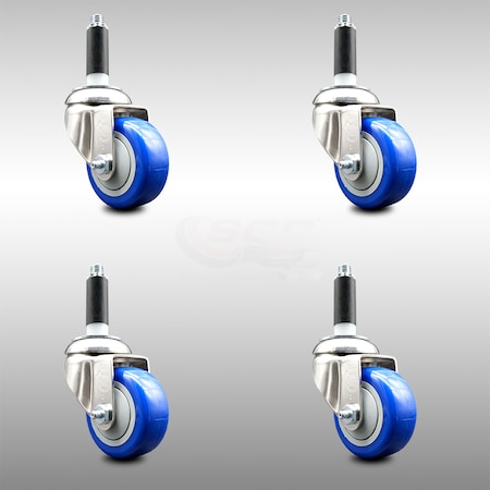Service Caster 3.5 Inch 316SS Blue Polyurethane Swivel 7/8 Inch Expanding Stem Caster Set SCC-SS316EX20S3514-PPUB-BLUE-78-4